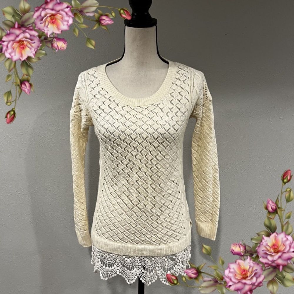 Open knit cream sweater with lace details